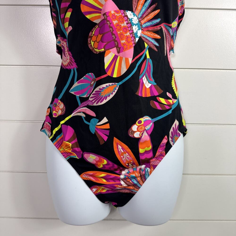Trina Turk Luminary Cross Back V-Neck One Piece Swimsuit Black Floral sz 12 - Picture 3 of 9
